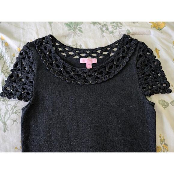 Lily Pulitzer Metallic Tread Black Rhinestone Detail Crochet Trim Top - Picture 2 of 4